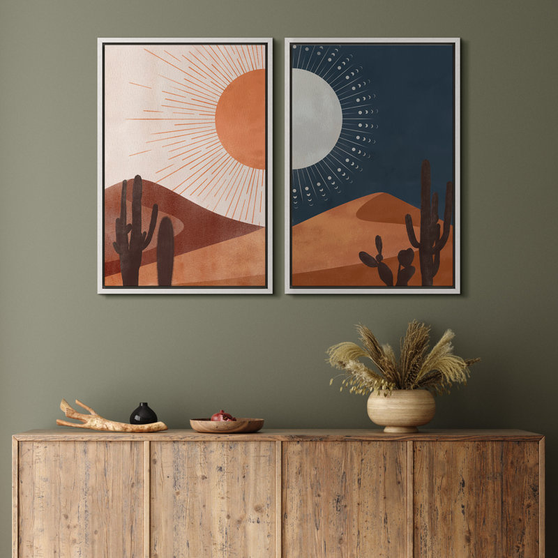 "Sun and Moon Day and Night Orange Desert Landscape", reproduction d'art sur toile encadrée 2 pièces, H 24 po x l 16 po