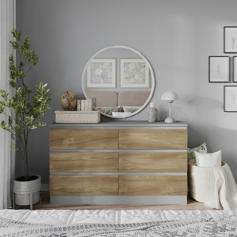 Sreyan Solid Wood 6 - Drawer Rectangle Accent Chest, Grey/Oak