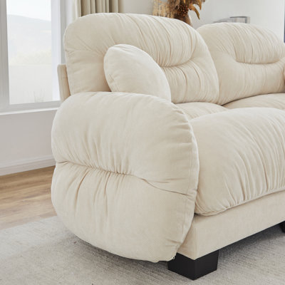 Canapé modulaire confortable à 2 places en tissu de chenille plissé avec siège ergonomique en mousse haute densité, canapé modulaire en forme de L avec 2 repose-pieds, accoudoirs arrondis arrondis et 2 coussins décoratifs ronds, beige