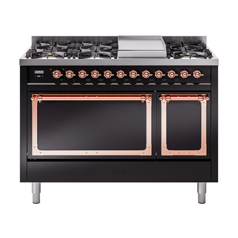 ILVE Nostalgie II Noblesse 48 in Dual Fuel Range, 8 Burner, Griddle, Natural Gas, Glossy Black/Copper