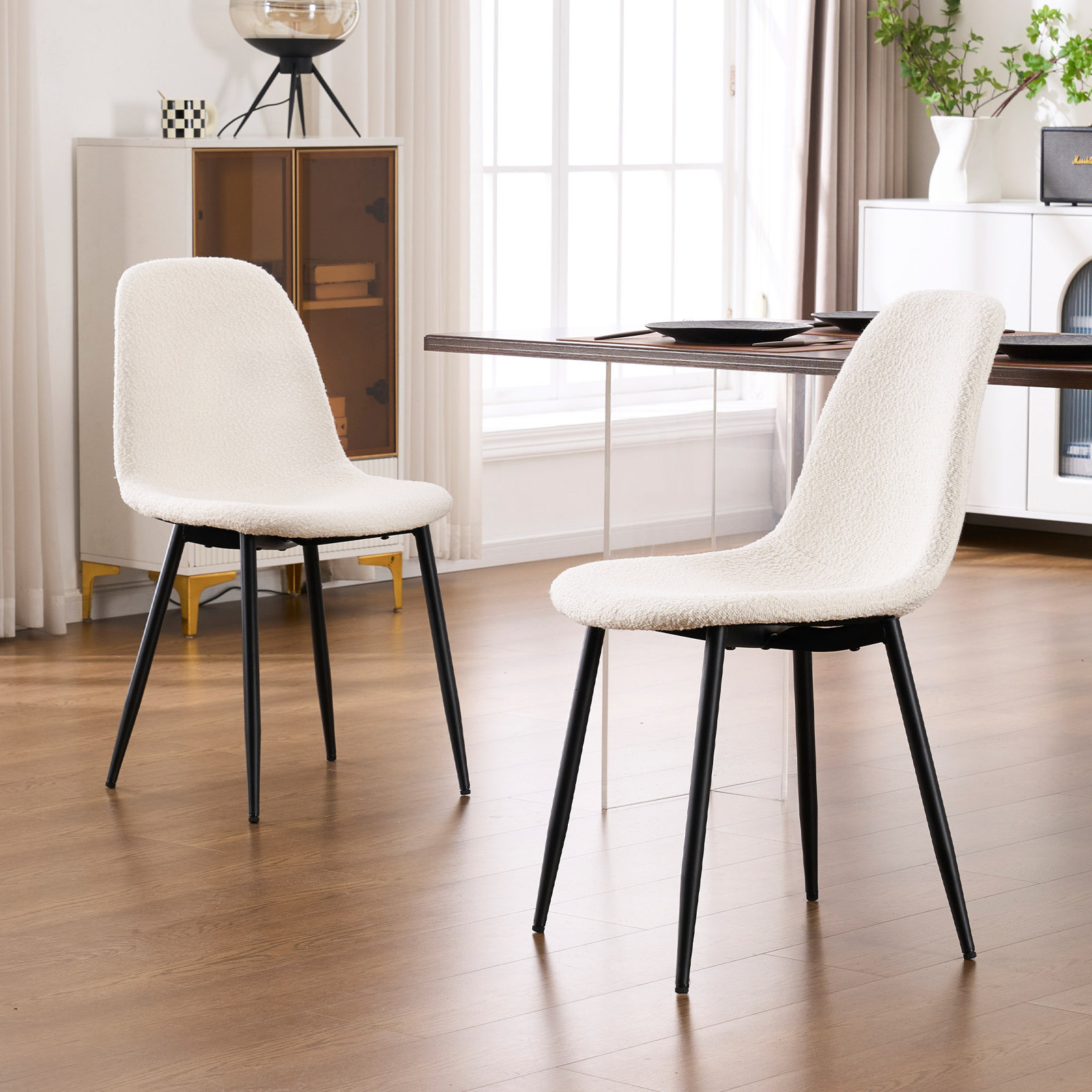 Kavi Upholstered Dining Chair, White Boucle/Black