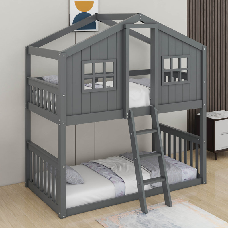 Twin Over Twin Size House Bunk With Ladder And Window, Gray