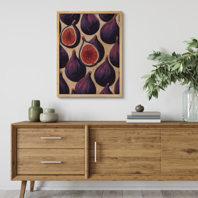 Rustic Figs Illustration Framed Print Wall Art - Vintage Style Purple and Red Fruit Pattern, Whimsical Artwork for Dining Room, Kitchen, or Café Decor