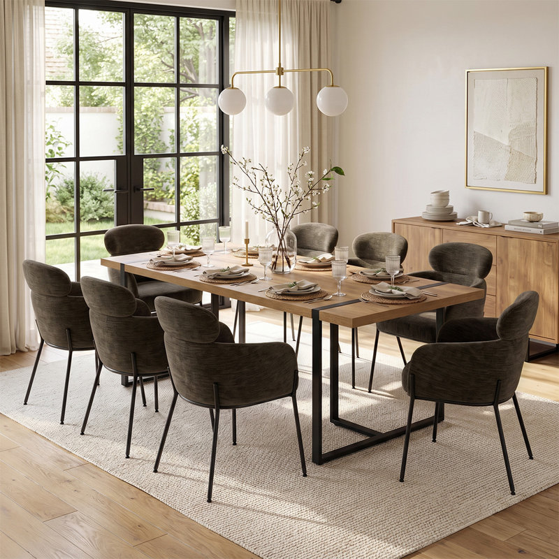 Ensemble de table de salle à manger rectangulaire 79 po avec 8 fauteuils à dossier double rembourrés 79 po, Brun