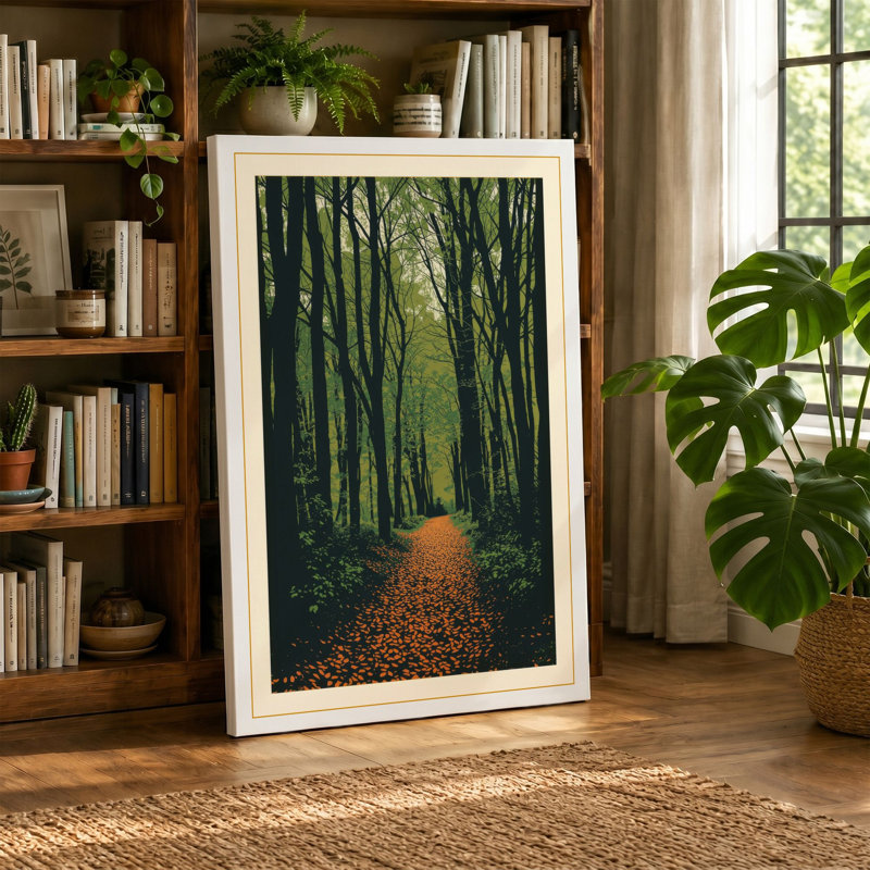 Path Through the Forest Scandinavian 1 Piece Wrapped Canvas Wall Art, 24x16 - 61.0 x 40.6 cm, Ochre Border