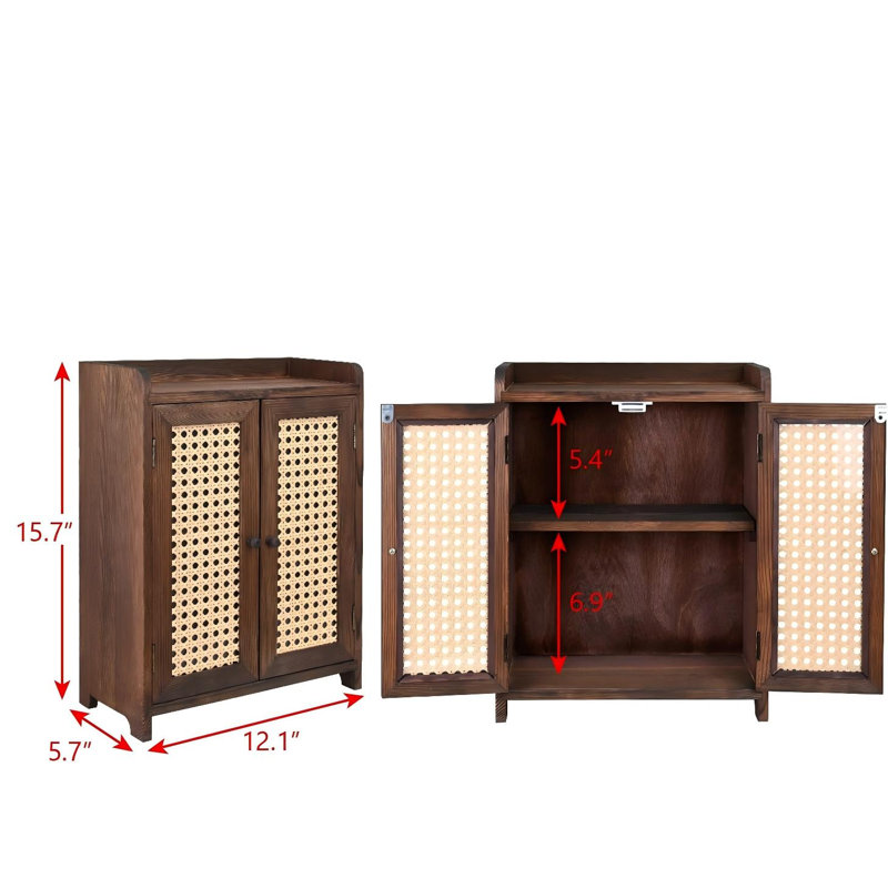 Armoire de rangement en bois avec portes en rotin et tablettes amovibles