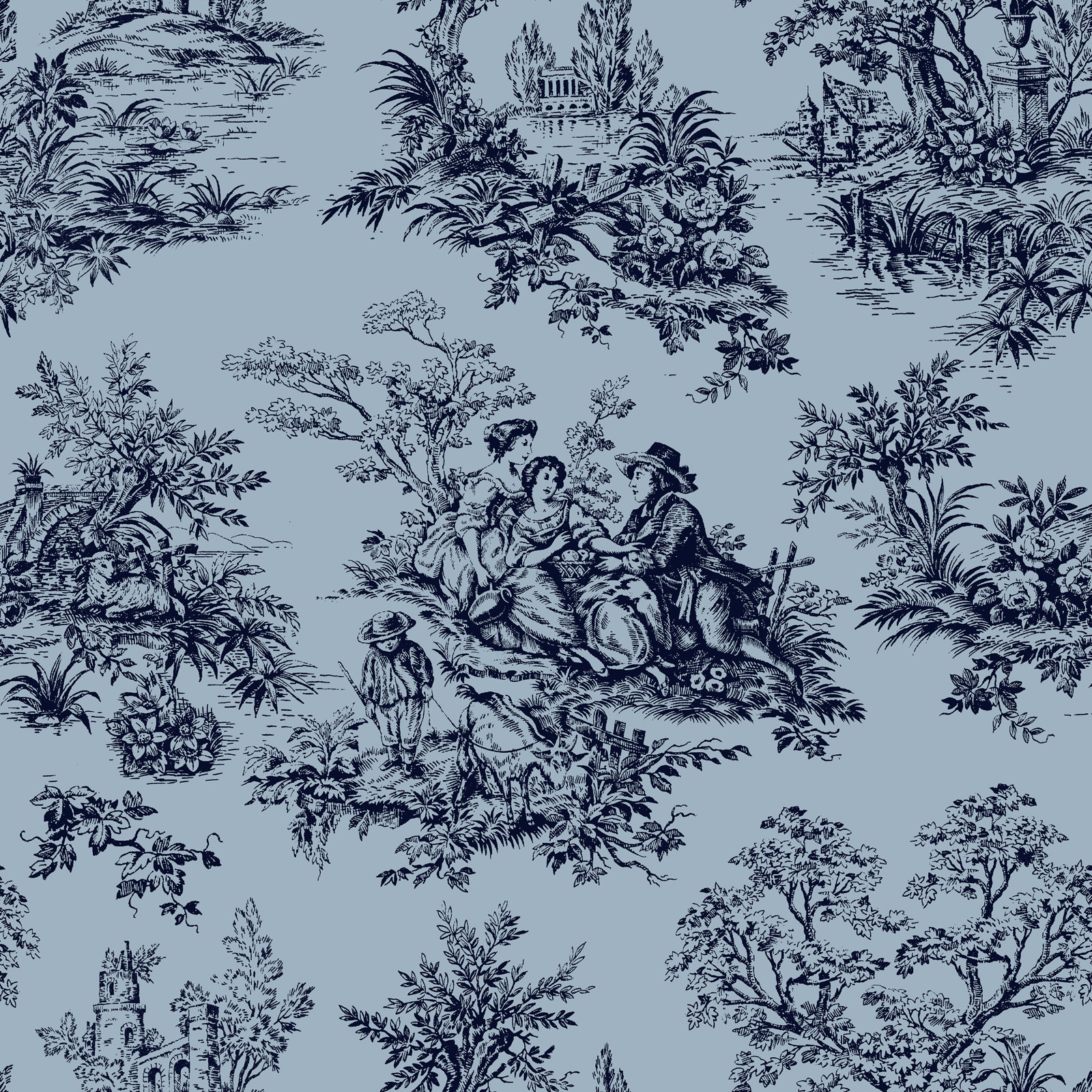 Hadley Upholstered Bed, King, Heritage Toile Tonal Navy