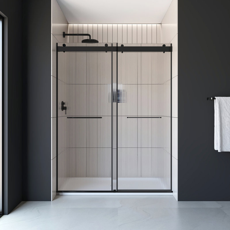 Molly 60" W X 32" D X 76" H Frameless Shower Door Rectangular Shower Kit In Black With Fluted Glass Finish, Black