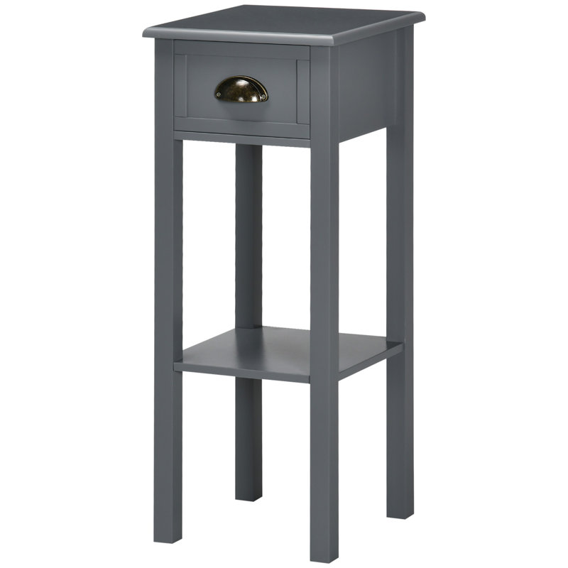 Gray Wooden Narrow End Table with Drawer and Shelf