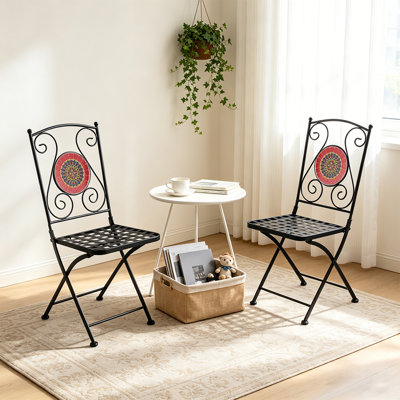 Chaises de patio pliantes en métal à motif mosaïque, ensemble de 2, chaises de bistrot pliantes d'extérieur en fer forgé noir pour jardin ou terrasse