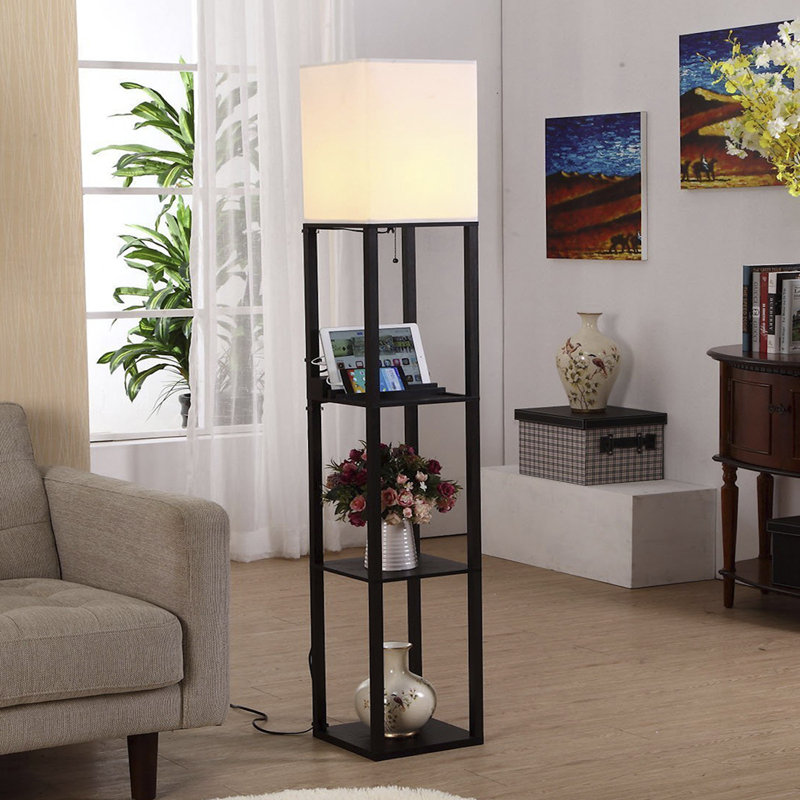 Maxwell 63 in. 3-Shelf USB-Charging LED Floor Lamp with Fabric Square Shade, Black, Beige