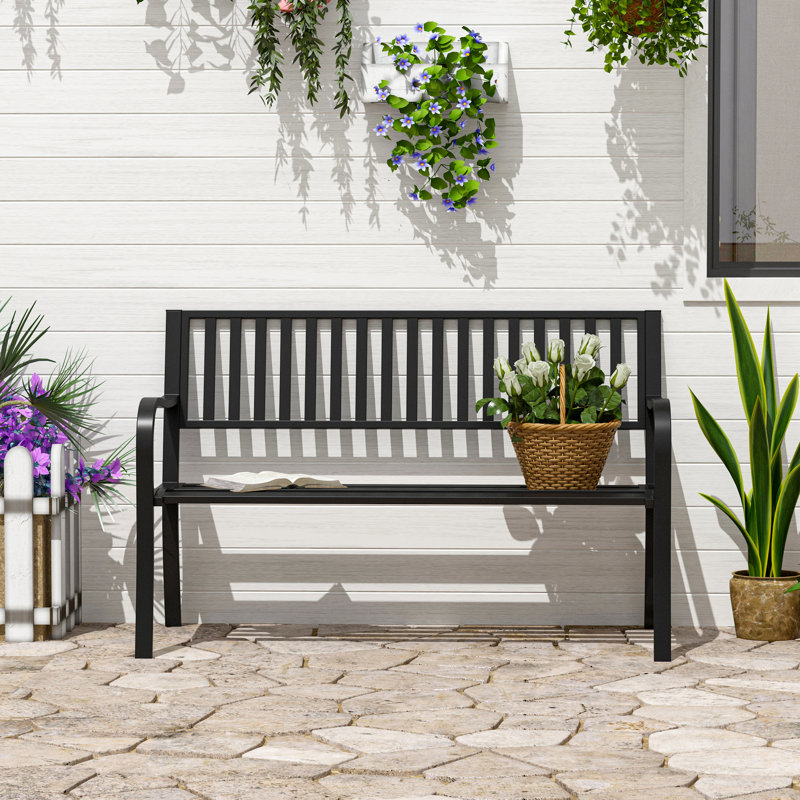 50" Black Metal Garden Bench, Patio Seat With Slatted Surface For Backyard, Poolside, Lawn. Stable & Weather-, Ergonomic Two, Easy To Clean Every Once In A While Outdoor Garden, Construction, Comfort