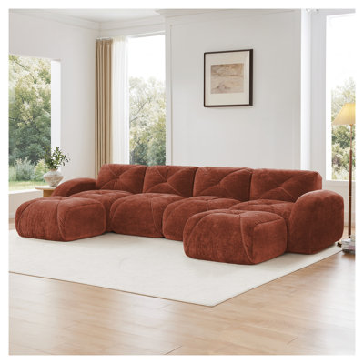 Canapé modulaire capitonné en velours rouge et brun avec repose-pieds mobile, sans nuage