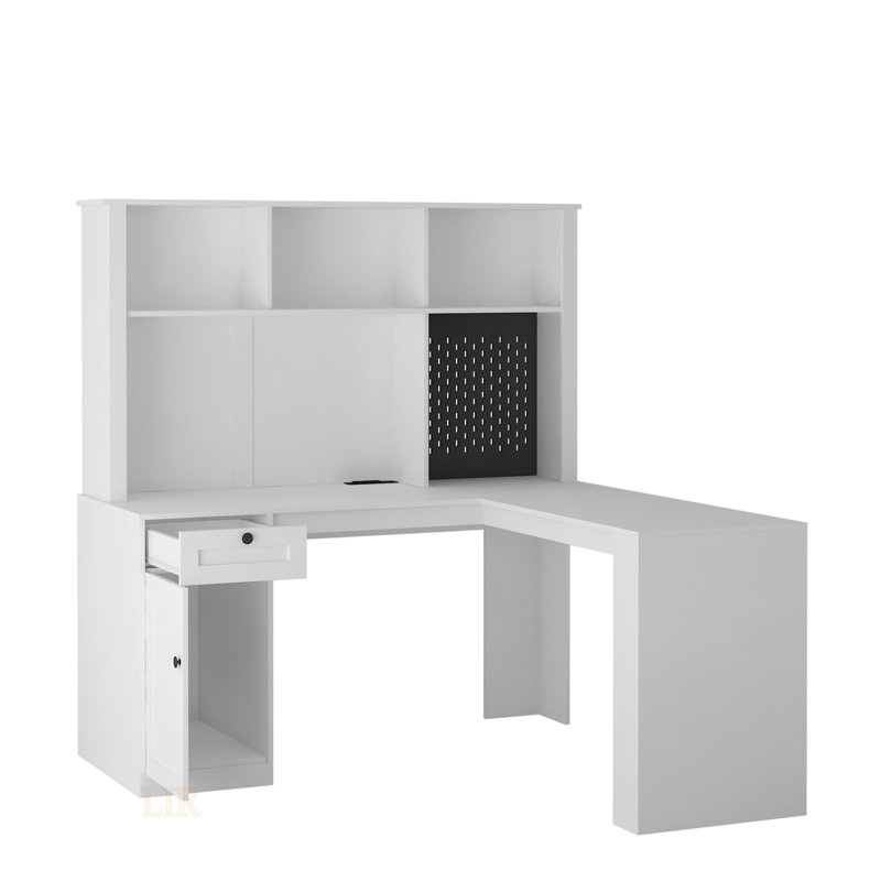 Bureau d'angle en L avec prises de courant, rangement et bibliothèque pour le bureau à domicile, idéal pour les espaces de travail modernes et les zones d'étude.
