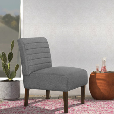 Chaise d'appoint moderne grise, chaise longue sans accoudoirs avec revêtement capitonné et pieds en bois, chaise d'appoint en tissu pour le salon, la chambre à coucher, le meuble-lavabo de maquillage, la conception à dossier horizontal pour patio, décoration confortable