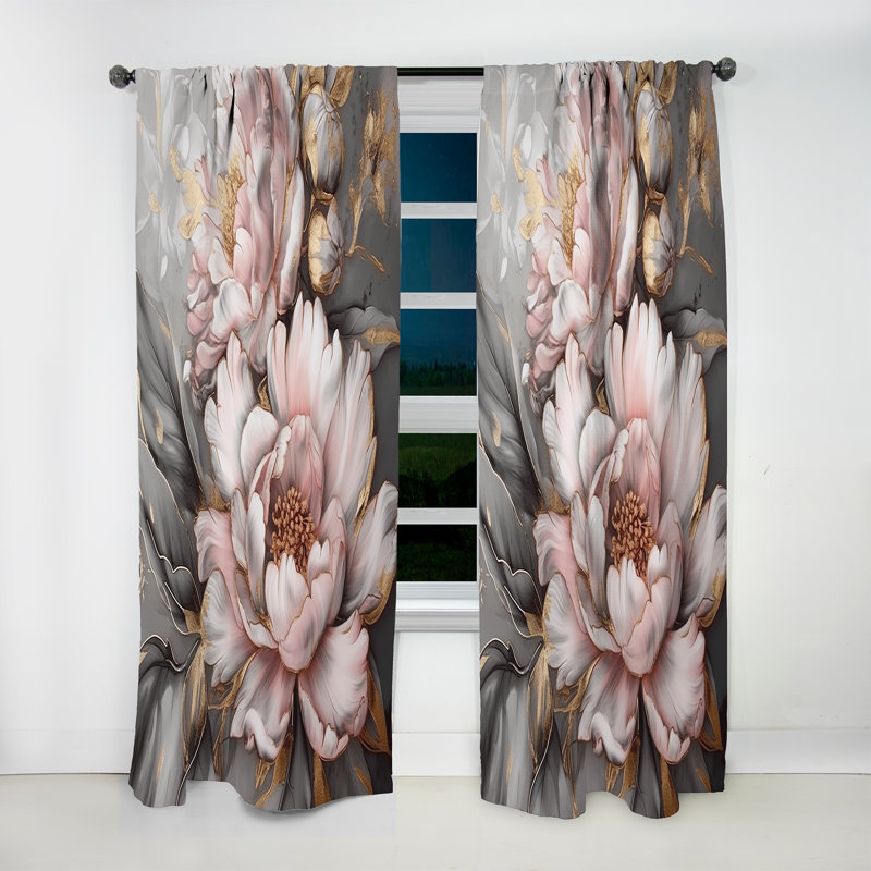 Rideau en velours floral rose avec pivoines élégantes I - 1 panneau, L 52 po x L 95 po