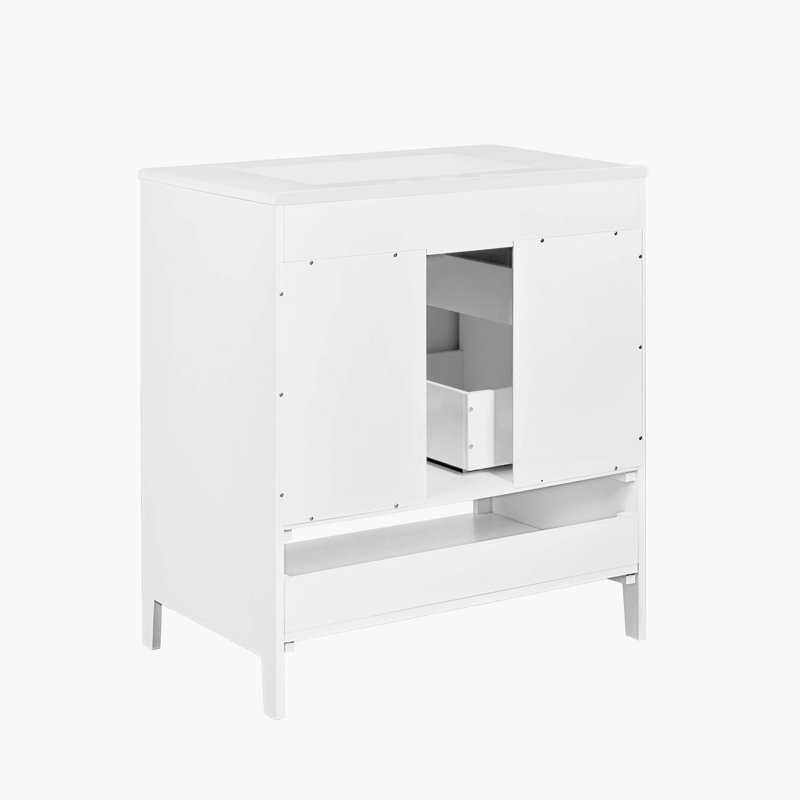 30" White Wood Freestanding Single Sink Bath Vanity with Ceramic Top