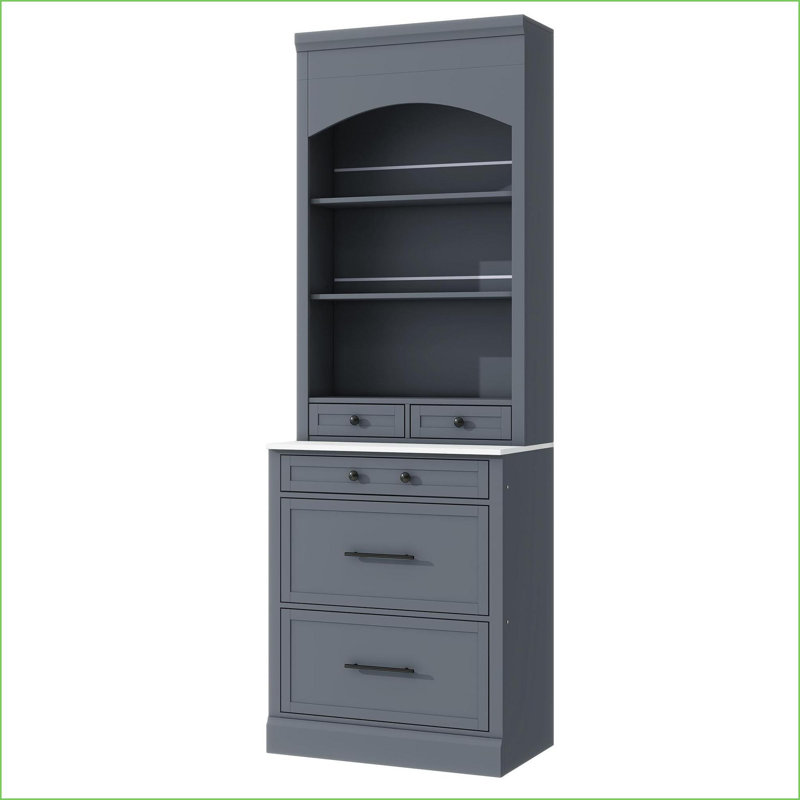 Garde-manger moderne de 83,7 po de hauteur avec 5 tiroirs, plateau en faux marbre, gris | Panneau de fibres à densité moyenne P2 | Tablettes réglables