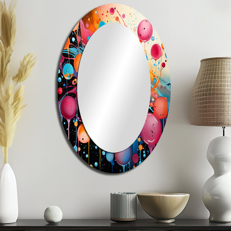 Neon Assemblage II - miroir décoratif abstrait, grand miroir mural rose, impression sur métal, 40 po x 30 po, Ovale