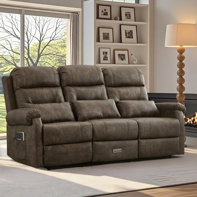 Manual Reclining Loveseat With Drop-down Console, Pu Leather 2-seat Recliner Sofa With Cup Holders And Charging Ports