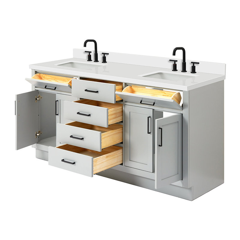 Meuble-lavabo double en bois massif 72 po Tidworth avec plateau en quartz blanc 1,5 po, Forme rectangulaire, Gris