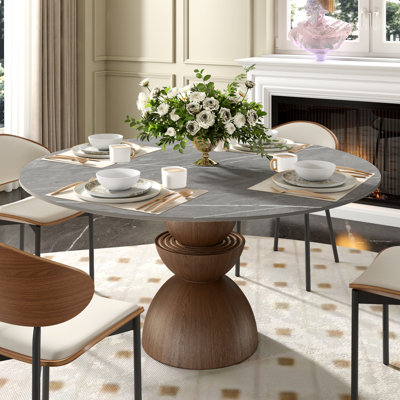  Modern Round Dining Table With Solid Wood Pedestal Base & Sintered Stone Tabletop For Seat 2-6