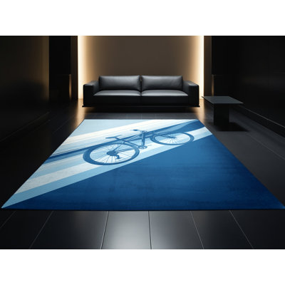 Machine Washable Kendari Mountain Bike Modern & Contemporary Rug in Blue – Navy Binding