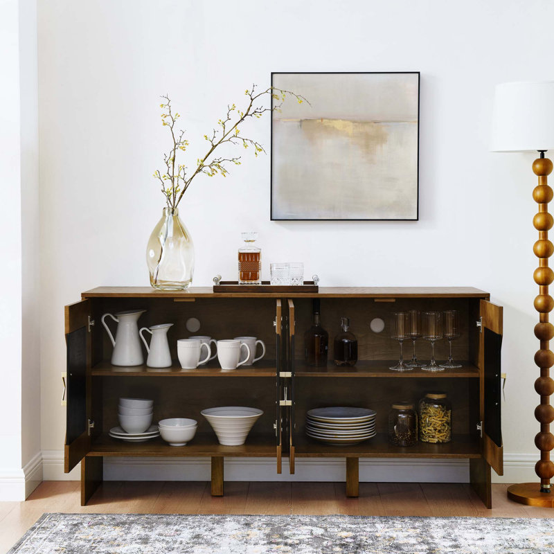 Console en bois avec motif géométrique, tablettes réglables, Noyer brun