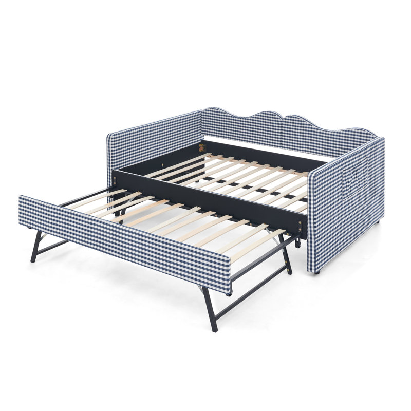 Lit de jour double, lit de jour rembourré en vichy équipé d'un cadre de lit gigogne escamotable et d'une poche de rangement latérale, canapé-lit multifonctionnel en bois massif pour chambre d'enfant et chambre d'amis - bleu