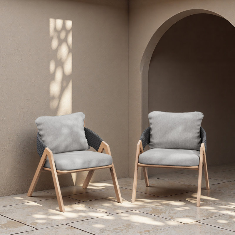 Chaise de patio avec coussins (ensemble de 2), Gris, Noir, naturel