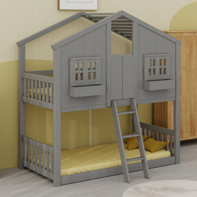 Solid Wood Play House Bunk Beds With Window Door, Roof,Window Box And Ladder