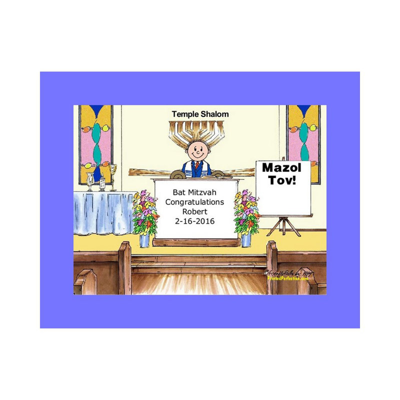 Personalized Bar Mitzvah Cartoon Caricature with a Mat, Ready to Frame, Yes