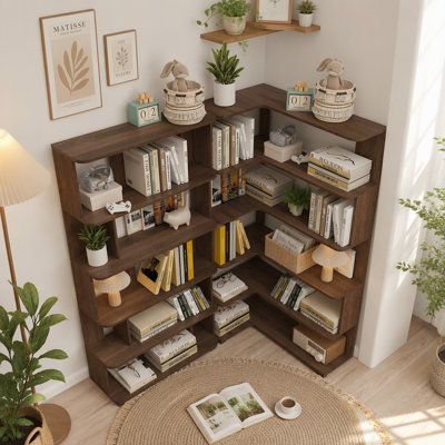 Bibliothèque d'angle peu encombrante de 90 cm + combinaison libre extensible de 80 cm de bibliothèque, ensemble de 2 tablettes de présentation, couleur brun foncé et 4 autres couleurs en option, meubles librement combinés et assortis