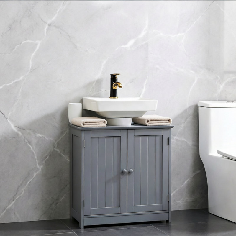 Meuble-lavabo gris moderne avec tablette réglable en MDF et double porte, pour lavabos sur pied et muraux., Gris