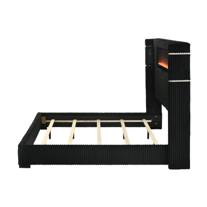 Lit en velours côtelé noir et gris Garner avec foyer, DEL, lampe de lecture, haut-parleur, Bluetooth et USB