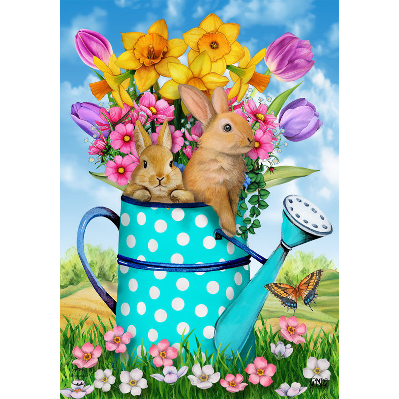 Drapeau de jardin lapin et arrosoir