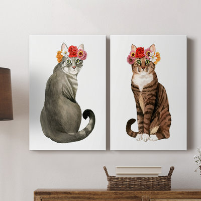 «Flower Crown Cats I» - Toile tendue avec châssis de qualité supérieure - Prêt à être accroché