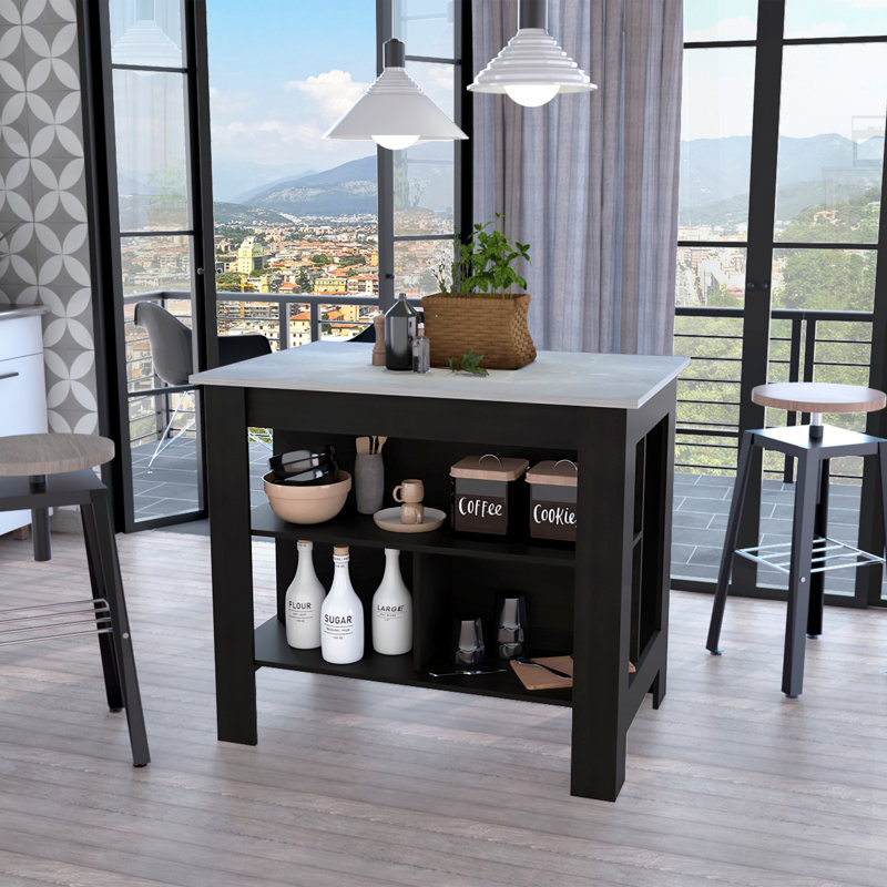 Îlot de cuisine polyvalent à 3 tablettes pour une cuisson et un rangement efficaces, Noir / naturel