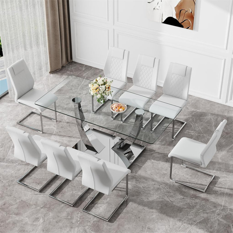 Ensemble de table de salle à manger 71 "en verre pour 8, ensemble de table et chaises de cuisine 9 pièces, pour salon, petit espace (inclure 8 chaises blanches)