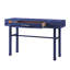 、、、、、 Bureau de coiffeuse en métal bleu avec un tiroir, une structure, des panneaux encastrés, un plateau en fer et une fermeture manuelle en bois