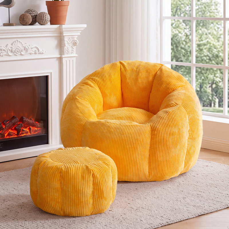 Fauteuil à billes en velours côtelé avec repose-pieds Giant, Orange