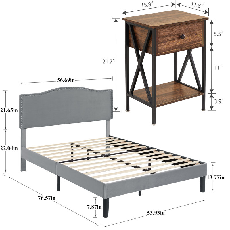 Ensemble de chambre avec lit plateforme 3 pièces Polizzi, Gris foncé / brun, Double