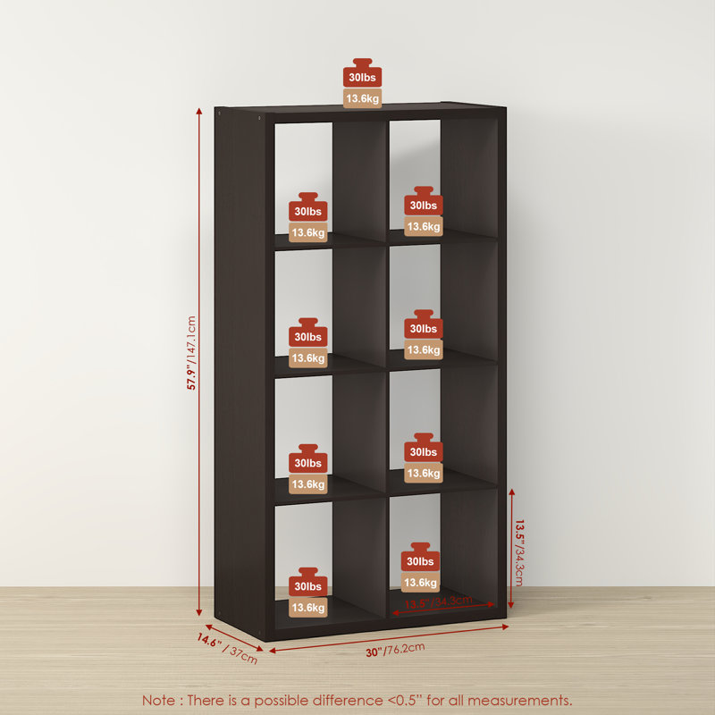 8-Cube Bookcase, Thick Frame, Black Dark Oak, Dark Oak, (8 Shelves) 57.91" H x 30" W x 14.97" D