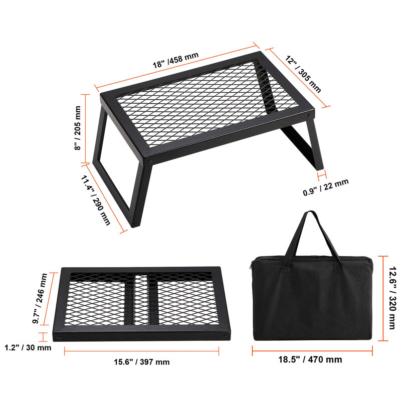 Grilles de camping portatives - gril de feu de camp pliant de 18 po, treillis en acier à haute température, pieds et sac de transport inclus
