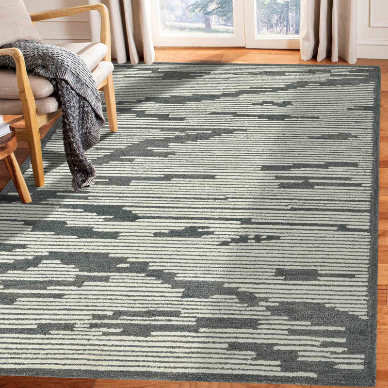 Tapis gris foncé en laine tissé à la main, Rectangulaire 9 pi x 13 pi