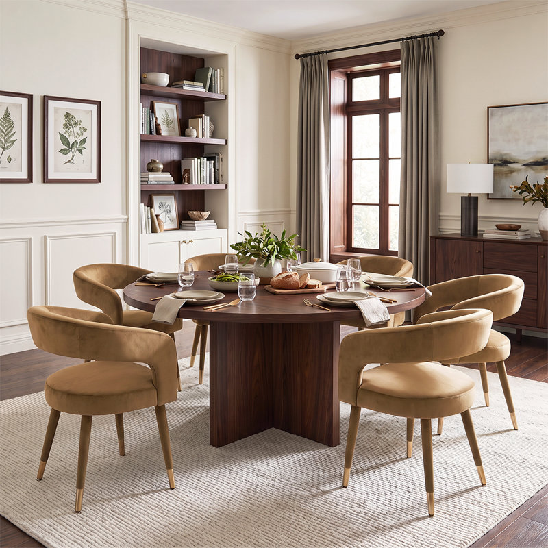 Ensemble de table de salle à manger ronde en placage de bois de 60 pouces avec 6 fauteuils à dossier arrondi en velours