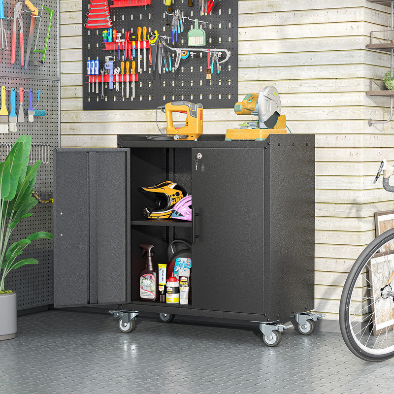 Metal Small 35.6" Garage Storage Cabinet with Locking Doors ,Rolling Wheels and Adjustable Shelves, Black, 35.6"H