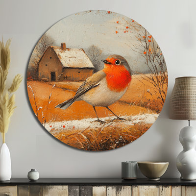 Robin Bird In The Farmyard - Modern Orange Metal Art Print, Bird Round Metal Wall Decor
