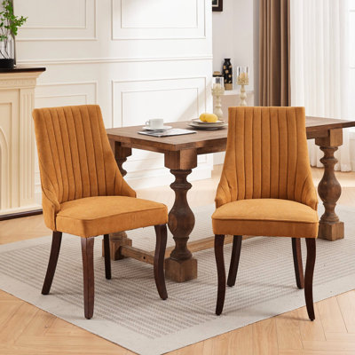 2 Dining Chairs In Yellow, Rayon Cloth Linen Fabric, High For Good Chair Comfort, Comfortable Cushion With Rebound Sponge And Steel Springs, Curved Solid Wood Legs, American Traditional Of 2,