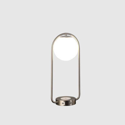 Table Lamp 9"L x 5.5"W x 19.25"H Metal and Glass 1pc Silver Table Lamp with USB Charging Port and White Glass Globe Shade